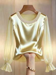 GlowEve 女士时尚优雅珍珠网纱长袖衬衫 - 黃色 - 查看 1