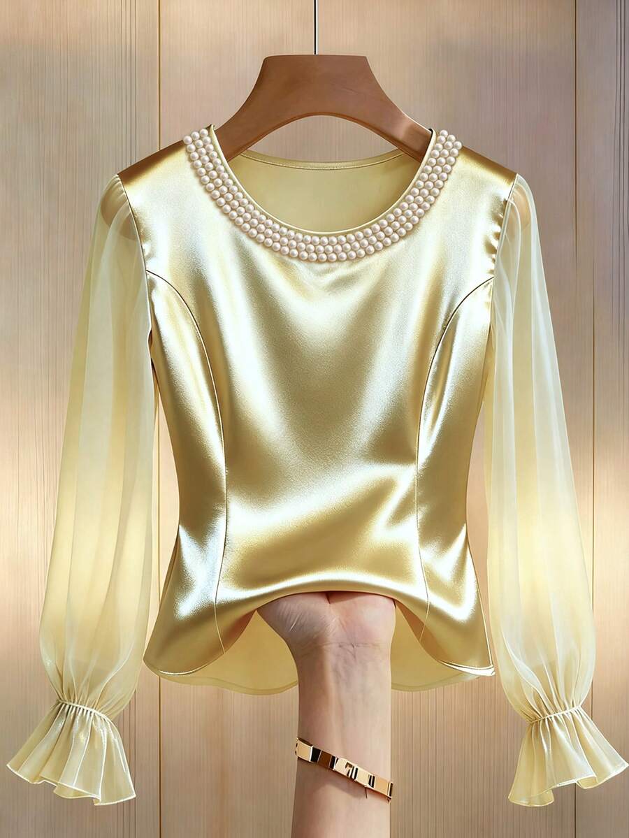 GlowEve 女士时尚优雅珍珠网纱长袖衬衫 - 黃色 - 查看 1