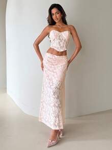 Aloruh Bộ đồ 2 mảnh thanh lịch dành cho nữ, gồm áo hai dây ngắn dệt kim jacquard và chân váy suông, thích hợp cho các buổi hẹn hò và ngày Valentine. - Màu Hồng baby - Xem 5