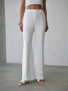 MOTF PREMIUM WOMEN'S EMBROIDERED FLARE STRETCH SUIT PANTS, SLIMMING - White - View 4