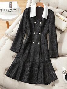 Franclia 女士优雅黑色粗花呢领浪漫金属纽扣复古风格办公室通勤连衣裙，腰部收紧，荷叶边下摆，复古气息，秋冬 - 黑色 - 查看 7