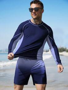 Manfinity Swimmode Men's Beach Vacation Casual Long Sleeve Top & Shorts 2 Pieces Set - Dusty Blue - View 6