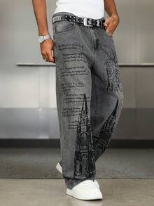 Manfinity EMRG Premium Washed Black & Gray Print Wide Leg Jeans - Black - View 1