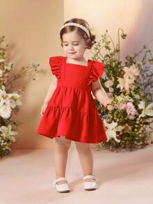 SHEIN Vestido sin mangas de unicolor minimalista con volantes y lazo desmontable para niña bebé en vacaciones de verano - Rojo - Ver 2