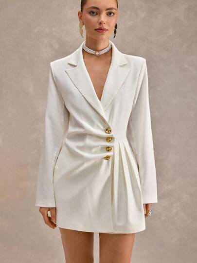 CLARA VERO White Fitted Button Blazer: Tailored Silhouette, Ideal For Office Wear Or Formal Meetings, Made From Smooth Stretch Polyester Fabric Featuring Gold Button Detail