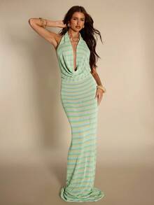 SHEIN BAE Elegant Striped Pattern Halter Neck Draped Sweater Dress - Multicolor - View 3