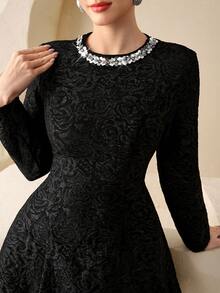 Modelyn Women's Black Woven Bubble Texture Rhinestone Trim Waist Flare Hem Elegant Long Sleeve Dress, Spring/Summer - Black - View 1
