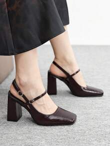 CUCCOO BIZCHIC Giày lười nữ mũi vuông, gót chunky, chất liệu da PU, trang trí khóa cài, kiểu dáng thường ngày thoải mái, phù hợp cho đi chơi, dự tiệc và các dịp lễ. - màu nâu - Xem 7