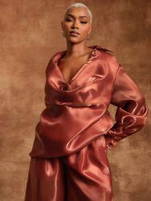 Vixey 琥珀棕色欧根纱垂褶低领尖领宽松上衣 - 棕色 - 查看 3