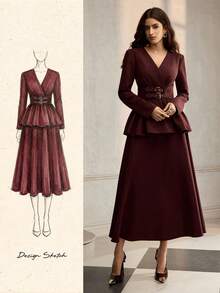 ZEYLAH 女式束腰 V 领长袖上衣和裙子两件套，秋冬 - 酒紅色 - 查看 2