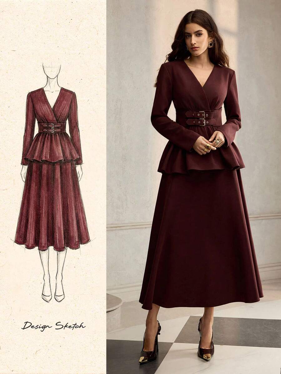 ZEYLAH 女式束腰 V 领长袖上衣和裙子两件套，秋冬