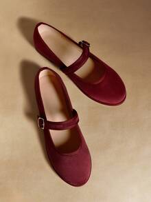 女士休闲百搭通勤搭扣平底乐福鞋 - 酒紅色 - 查看 3