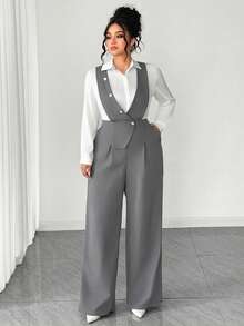 SHEIN Tall CURVE Bộ jumpsuit không tay cổ chữ V sâu, nhiều cúc phía trước, vạt áo bất đối xứng, thời trang dành cho nữ cỡ lớn, phù hợp cho mùa xuân/hè, đi học, nghỉ lễ, tốt nghiệp, các ngày lễ, Ngày Valentine, Giáng sinh, lễ hội âm nhạc, Ngày của Mẹ, Halloween, Lễ Tạ ơn, Lễ Phục sinh, Ngày Quốc khánh, khiêu vũ, hẹn hò, tiệc tùng, đám cưới, các hoạt động ngoài trời. - Xám - Xem 5