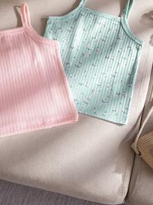 SHEIN Playful Pals 3件裝女嬰提花面料吊帶背心可愛夏季鼠尾草綠花朵女孩度假假日上衣無袖馬卡龍淡彩色外套 - 彩色 - 查看 6