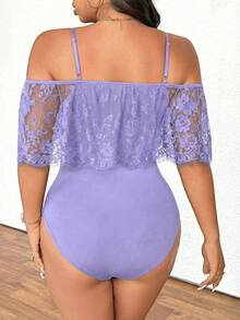 Elenzga 大码露肩雪纺裹身装饰系带交叉连体衣，适合外出、度假和聚会 - 紫色 - 查看 2