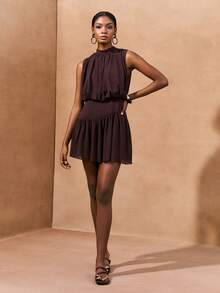 Zivah 2026 Spring/Summer New Arrival Music Festival, Easter, St. Patrick's Day, Valentine's Day, Date, Western, Nomadic, Birthday Party, Graduation, College Style, Student, Daily Casual, Basic Versatile, Leisure, Vacation, Cruise Travel, Beach, Sunbathing, Viral , Streetwear, Wedding Guest Boho, Commute, Brunch, Airport, Party, Holiday Outing, Office Wear Brown Sleeveless V-Neck Chiffon A-Line Ruffle Waist Dress - Brown - View 5