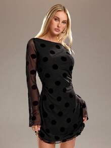 Avantive Vestido longo de manga longa elegante e casual com bolinhas pretas, roupas de férias para mulheres, roupas de praia para mulheres, vestido de festa, vestido de Ano Novo - Preto - Visão 4