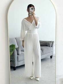 Andrea Bello Women's Solid Color Crossed V-Neck 3/4 Sleeve Ruffle Wide Leg Elegant Jumpsuit - White - View 5