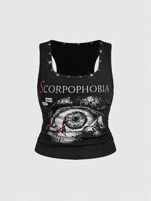 ROMWE Avant Top de tirantes negro con estampado de letra de langosta, remaches y estilo gótico punk grunge, talla grande - Negro - Ver 1