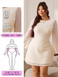 Solflare 2026春夏情人节婚礼季新款休闲日常穿搭派对约会生日针织纹理弹力露背长喇叭袖收腰迷你A字连衣裙，白色，大码 - 杏色 - 查看 1