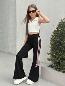 SHEIN Nova Glow Tween Girls Side Stripe Flared Casual Pants, Contrast Color Ribbon & Bow Accent, Back-To-School & Everyday Wear - Black - View 5