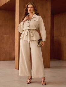 Roveilla Plus Size Woven Shirt Collar Open Front Cinched Waist Casual Long Sleeve Pants Two Pieces Set - Khaki - View 6
