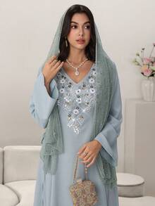 Yasmyna 刺绣串珠腰部喇叭下摆阿拉伯风格女式连衣裙 - 藍色 - 查看 5