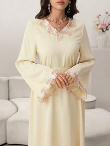 Yasmyna Elegant V-Neck Ruffle Trim Waist Fitted Flared Apricot Arabic Style Dress For Women - Apricot - View 7