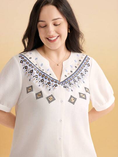 Momelise Plus Size Solid Color Embroidered Cardigan, Casual Resort Wear, Women's Blouse For Spring/Summer