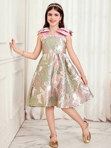 SHEIN Tween Girl Beaded Shoulder Bow Back Butterfly Jacquard Sleeveless Dress