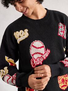 Open Phase 男士休闲宽松套头毛衣，饰有网球、英文字母、心碎、数字图案，复古街头风，秋冬款，长袖上衣 - 黑色 - 查看 4