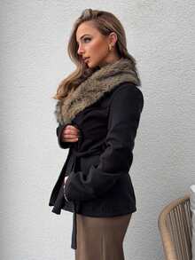 Jeta Ari Women's Fashionable Elegant Tie-Front Slim-Fit Coat With Detachable Faux Fur Collar-Fall/Winter Holiday Season,Black Cropped Jacket,Black Fur Coat,Teddy Coat,Winter Women Coat, Fur Coat Women, Women Winter Clothes, Black Blazer For Women - Black - View 4