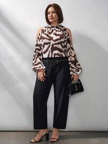 Chikora Blusa de mujer talla grande, elegante blusa de manga larga con hombros descubiertos y estampado de cebra semitransparente para el trabajo, el trayecto, el verano, el Día de San Valentín, el Carnaval, fiestas y primavera - Multicolor - Ver 4