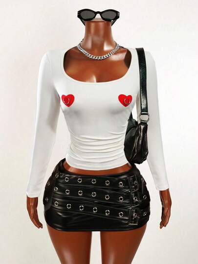  BamGleam Women's Casual Heart Print Round Neck Long Sleeve T-Shirt,Winter Fall Fashion Y2K Statement Casual Party Club Festival Knit Blouse