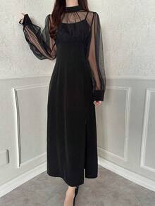 FRIFUL 女士网纱拼接高开衩修身连衣裙 - 黑色 - 查看 7