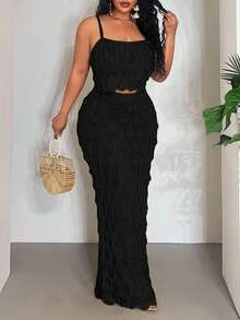 Veslaya 2025 New Sexy/Vacation/Elegant Sleeveless Hollow-Out Cropped Top And Bodycon Maxi Skirt Set - Black - View 6