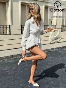 Siren Gaze 两件套女士条纹长袖褶裥下摆衬衫和碎花泡泡裙套装 - 彩色 - 查看 5