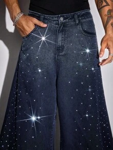 ROMWE MEN Street Life Jeans de mezclilla con gradiente de cristales y diseño curvo para hombres, estilo urbano - Azul - Ver 4