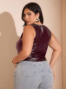 SHEIN BAE Camiseta de tirantes de mujer de verano de cuero sintético PU plisado y ajustado - Burdeos - Ver 2