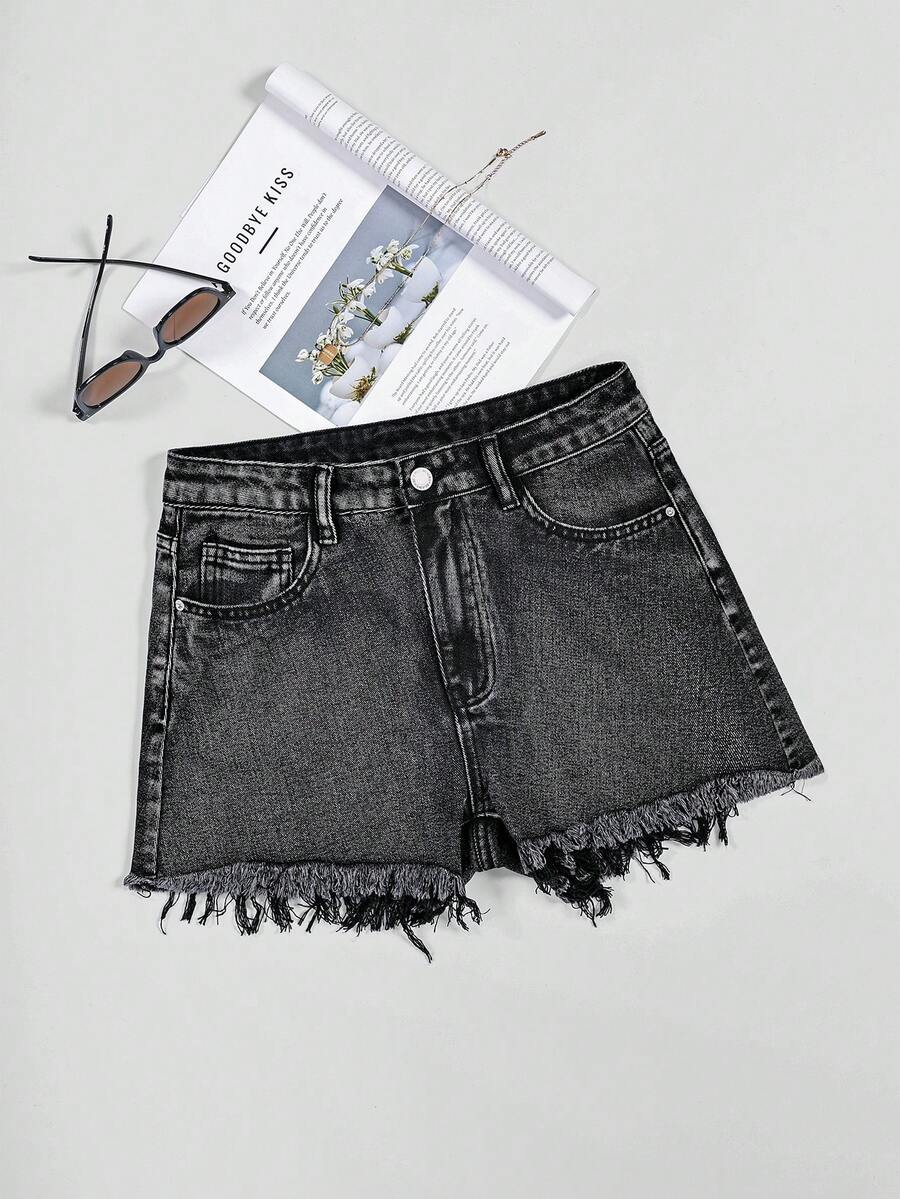 GlowEve Summer Casual Washed Frayed Hem Denim Shorts - Dark Grey - View 1