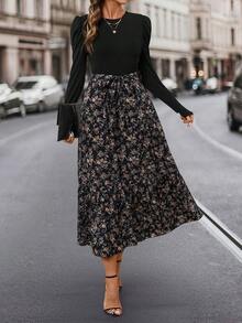 SHEIN Clasi 女士优雅碎花泡泡袖系腰中长连衣裙，修身碎花连衣裙适合日常通勤和多种场合 - 彩色 - 查看 5