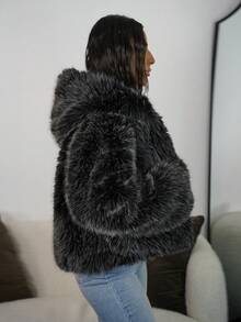 SAYEHFBABY 蓬松连帽休闲夹克，时尚别致，黑灰混色，女士适用 - 黑色 - 查看 6