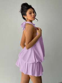Aloruh Gaun Mini Halter Tanpa Punggung Warna Polos Seksi untuk Wanita, Musim Panas, Gaun Musim Panas untuk Wanita - Lilac Purple - View 6