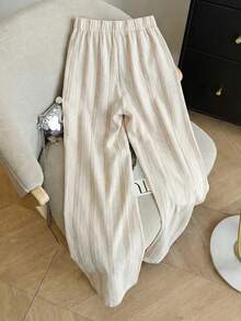 SHEIN Franclia 女士复古休闲条纹装饰裤，优雅时尚风格，适合海滩度假、日常穿着、毕业季、春夏亚麻裤、米色阔腿裤、家居裤、抽绳裤、条纹裤、米色宽松裤、米色亚麻裤、女士裤装、女士海滩装、女士度假装、条纹米色裤、阔腿亚麻裤、宽松亚麻裤 - 杏色 - 查看 3