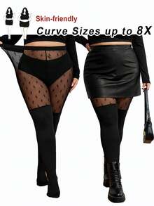 SHEIN CURVE+ 女士加大码，情人节，黑色紧身裤，黑色网眼拼接打底裤，休闲日常穿着，简约时尚，春夏服装 - 黑色 - 查看 9
