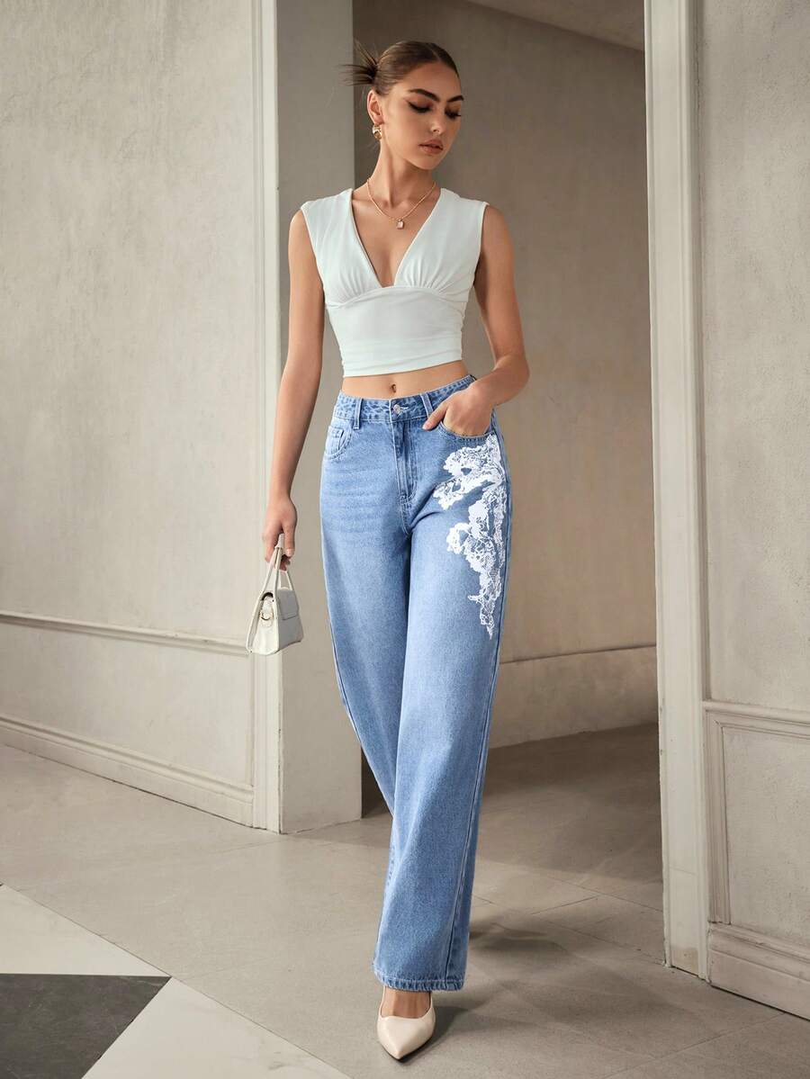 Selenza Women's Graphic Print Slant Pocket Casual Versatile Jeans Wide Leg Jeans Woman Jeans With Designs Flower Jeans Cowboy Pants For Women Cowgirl Jeans - Blue - View 1