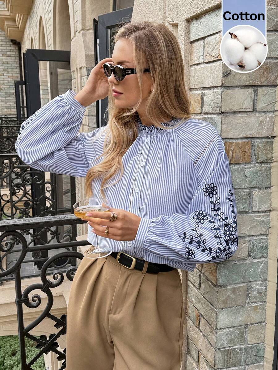 Serisse Chemise femme à manches longues ample et décontractée, design polyvalent et minimaliste pour le trajet domicile-travail - Bleu et Blanc - Voir 1