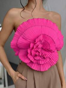 Aloruh Elegant Commuter Ruffle Trim 3D Floral Camisole Top, Summer - Hot Pink - View 5