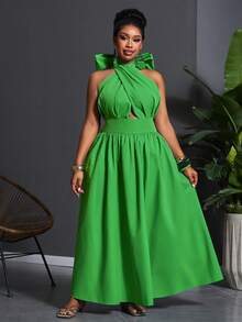 Slaydiva 春夏新款优雅性感派对约会夜店生日婚礼毕业舞会音乐节长裙 - 绿色纯色交叉吊带系腰A字梭织面料加大码圣帕特里克节绿色沙滩裙绿色吊带裙绿色度假裙 - 綠色 - 查看 7