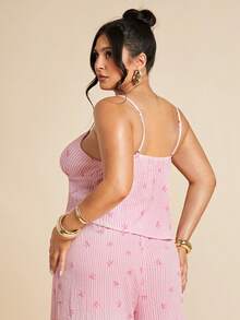 SHEIN BAE 大码女装春夏粉色休闲日常通勤系带蝴蝶结印花吊带背心，海边度假